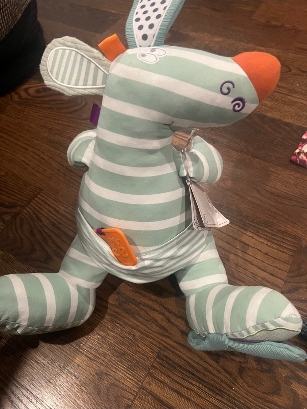 Striped Mint & White Plush Activity Friend with Orange Teether